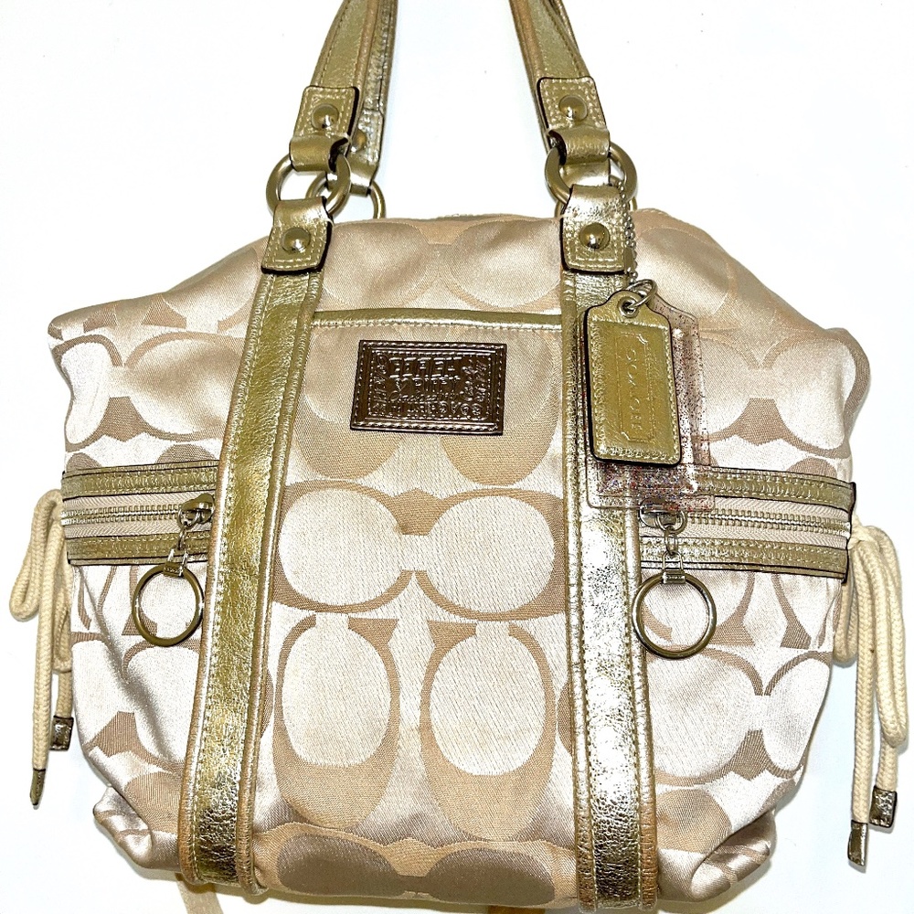 Coach Poppy Spotlight Beige Sateen & Gold Leather Shoulder Bag #C0969-13843P